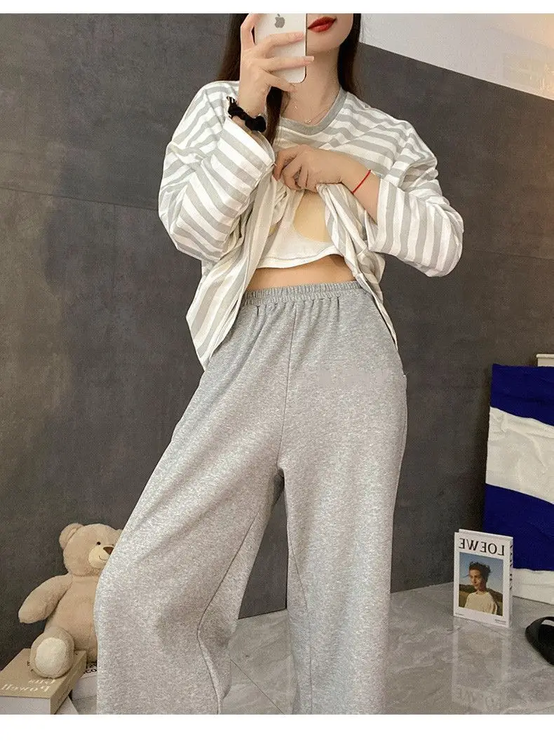 Damen-Herbst-Pyjama mit Brustpolstern, gestreift, langärmelig, Übergröße, O-Ausschnitt, schlicht, lässig, modisch, koreanischer Schulpyjama, Homewear – Detail 4