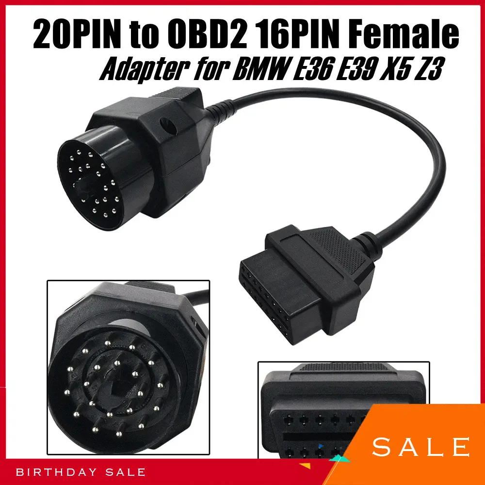 OBD Cable For BMW 20Pin To OBD2 16pin OBDII Female Connector For E36 E39 X5 Z3 OBD2 Extend Cable