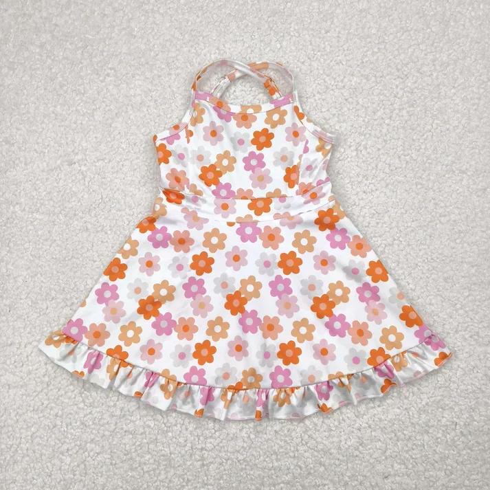 

Pink Orange Flowers Print Girls Summer Knee Length Shorts Yoga Dress