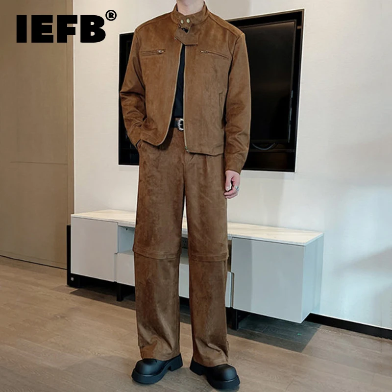 IEFB Autumn Men's Two-piece Stand Collar Fleece Suede Fabric Solid Color Jacket Straight Wide Leg Loose Male Pants Korean 9C8770