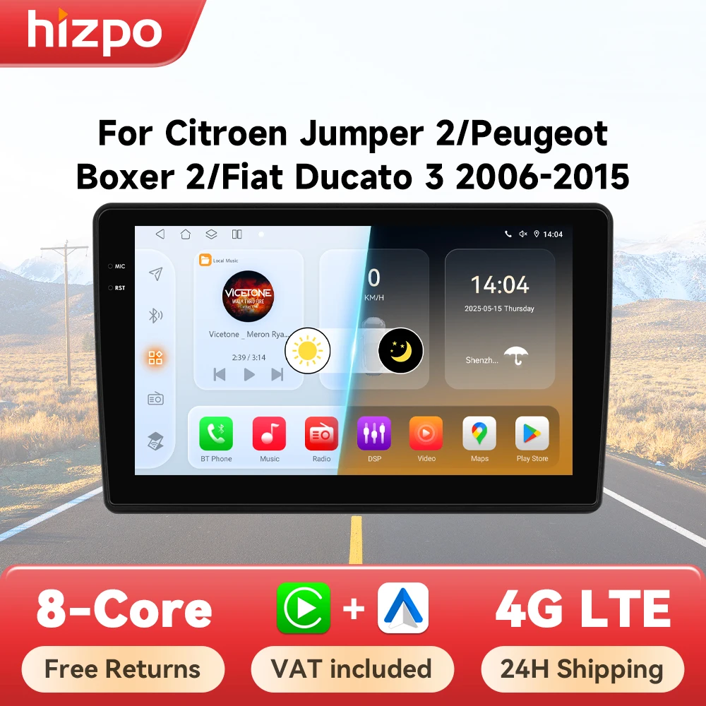 Hizpo 2 Din Android 14 Radio per Fiat Ducato 2006-2015 Carplay Lettore Multimediale per Auto Autoradio Navigazione Stereo 4G Wifi DSP RDS