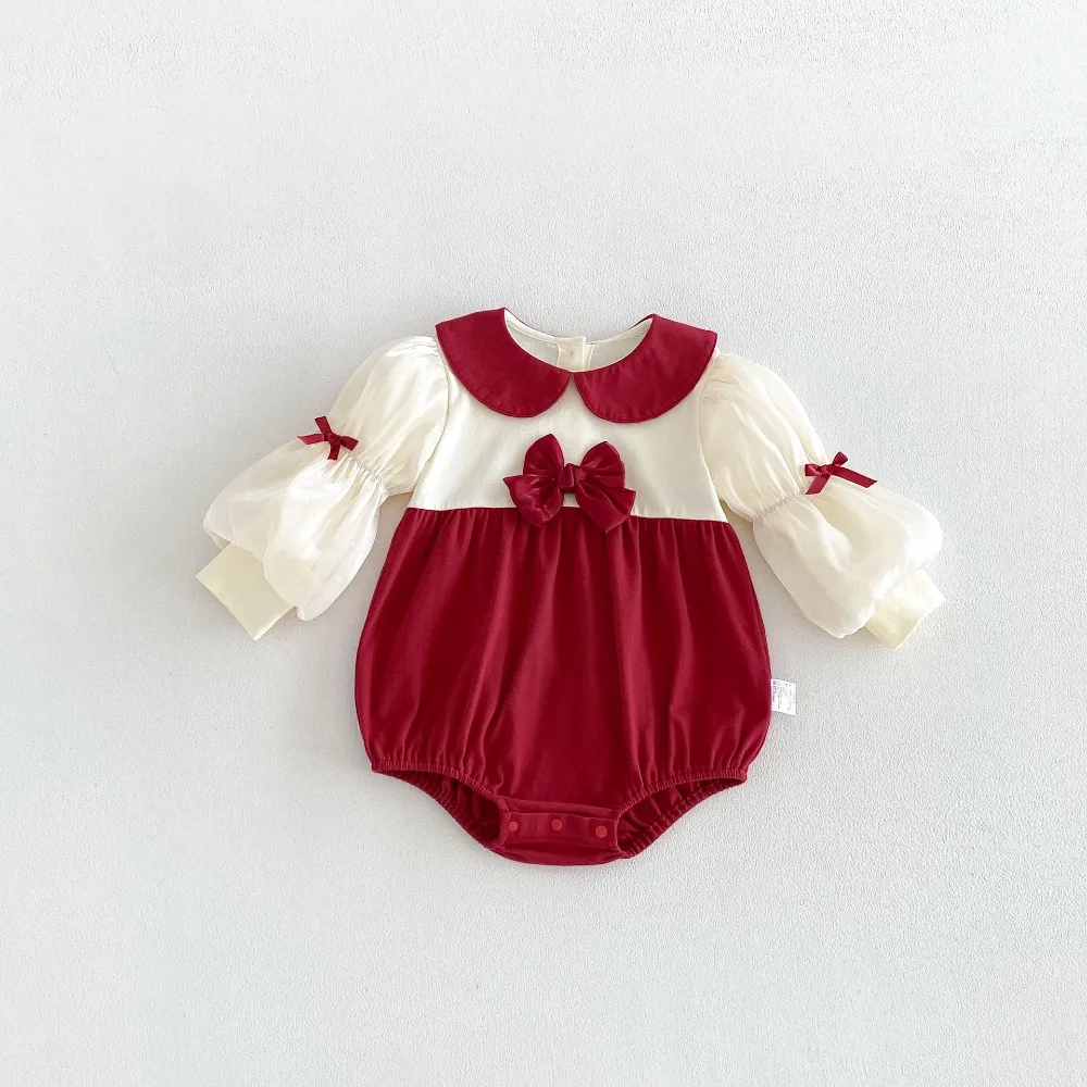 Cute Baby Girl Romper 0-2Years Newborn Princess Puff Sleeve Peter Pan Collar Bow Bodysuit Autumn Outfits Birthday Party Clothes