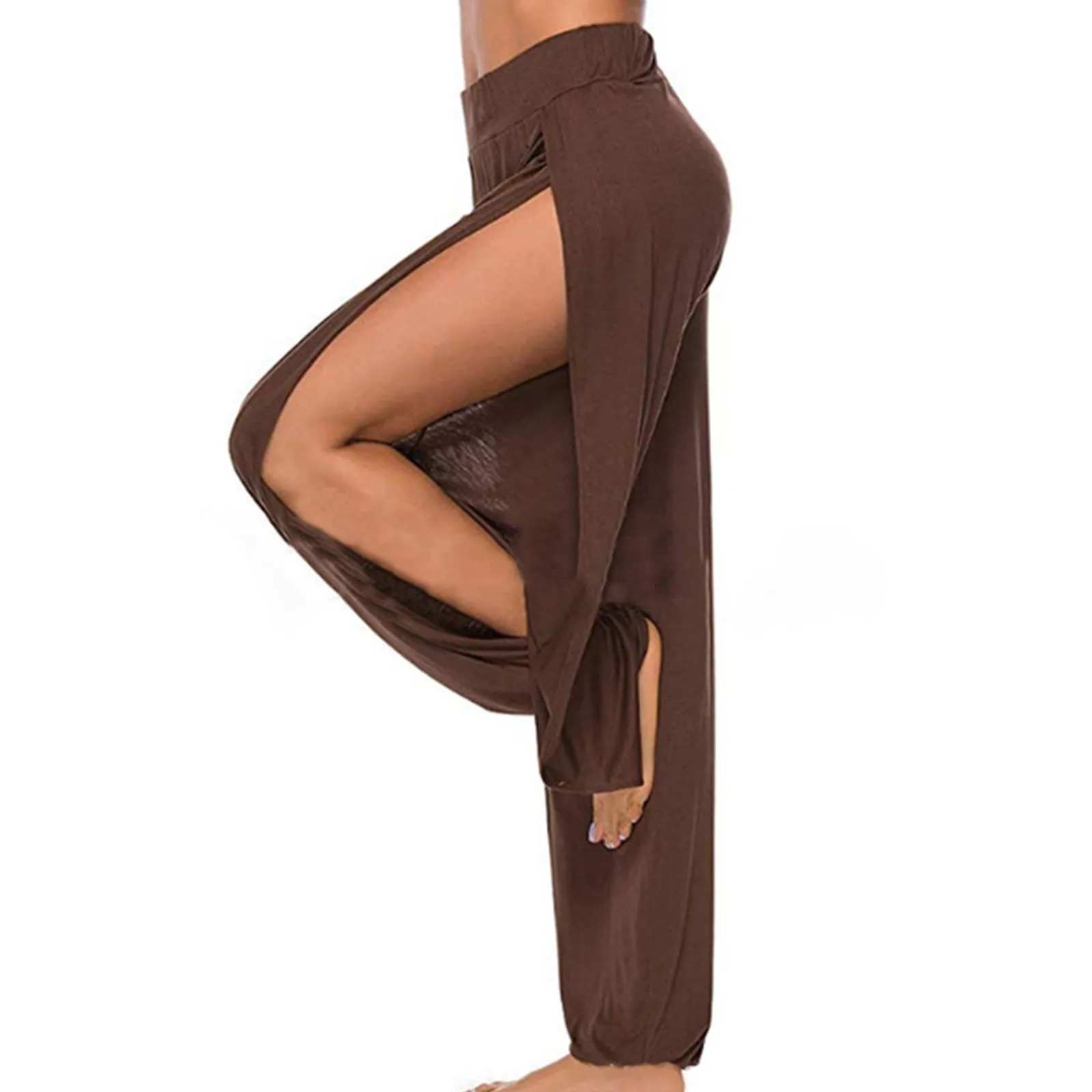 Calças de Yoga Feminina de Cintura Alta Fenda Lateral Calças Harem de Perna Larga Leggings de Ginásio Calças Ocas Sólidas de Treino Streetwear de