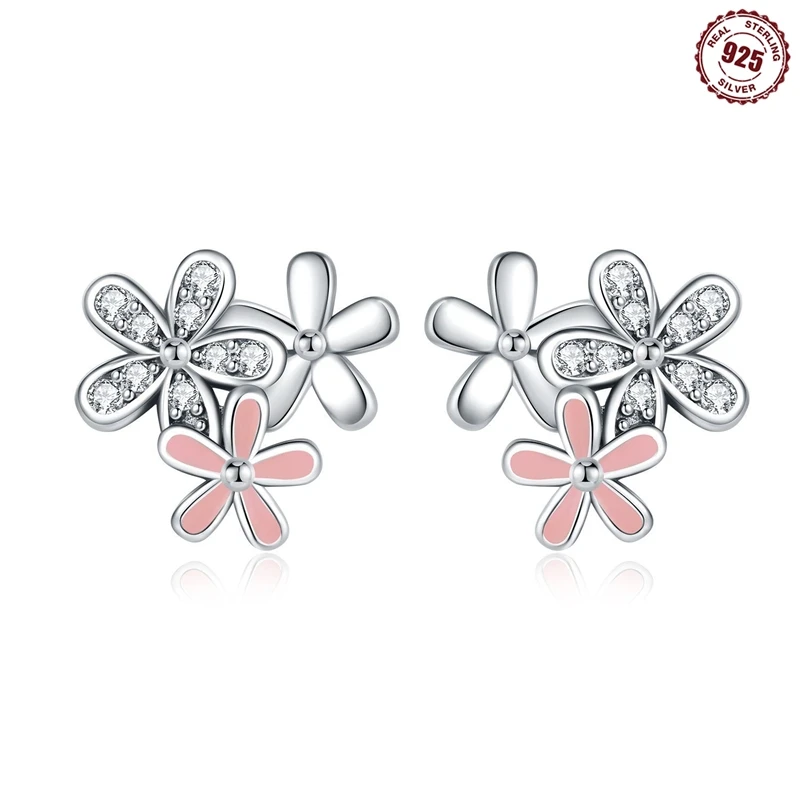 2024 versilbert kleine rosa Gänseblümchen Ohr stecker Ohrring passen Original Charms feinen Schmuck Geschenk für Frauen machen Accessoires