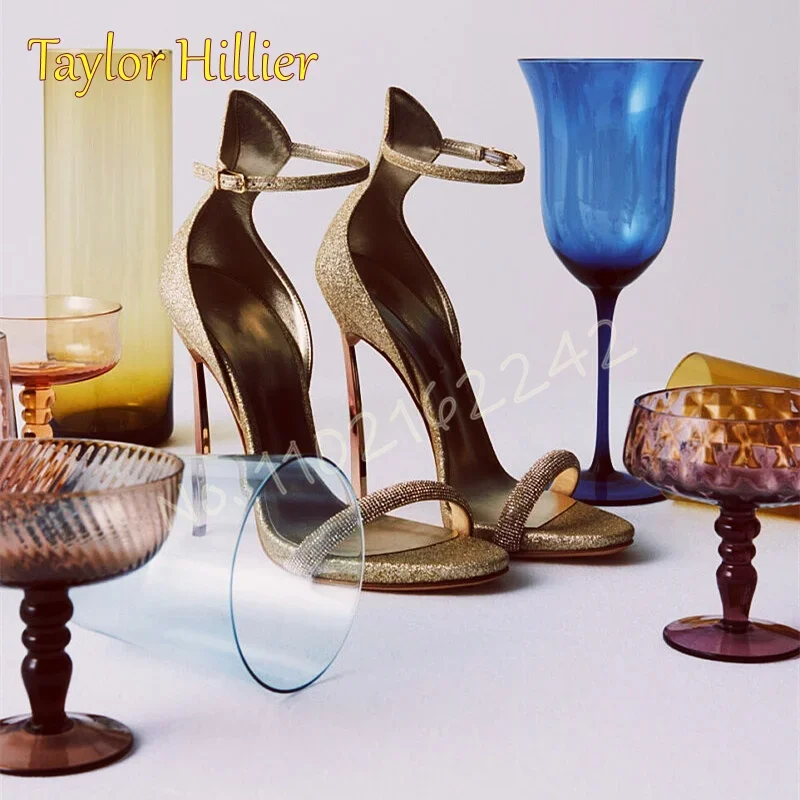 

Summer New Style Gold High Heels Open Toe Metal Heel Buckle Strap Sandals Fashion Sexy Party Shiny Stylish Dress Shoes Women 46