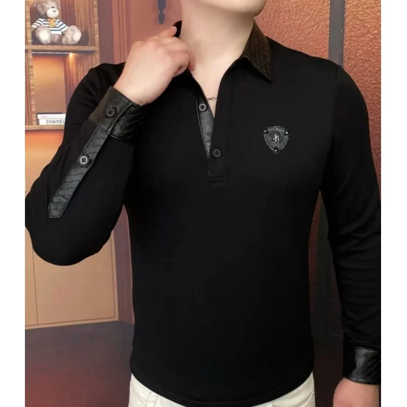2025 Autumn Winter Long Sleeved T-shirt for Men Luxury Fashion Splicing Casual T-shirt Slim Fit Business Social Base Shirt M-5XL