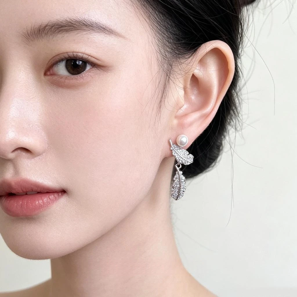 Feather Dangle Drop Earrings for Women Faux Pearl Micro Paved Cubic Zirconia Elegant Jewelry