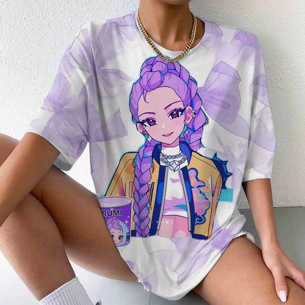 

Женская летняя футболка KPop с рисунком «Охотники на демонов» и принтом персонажей аниме, уличный стиль, вечеринки и повседневная повседневная одежда для мероприятий