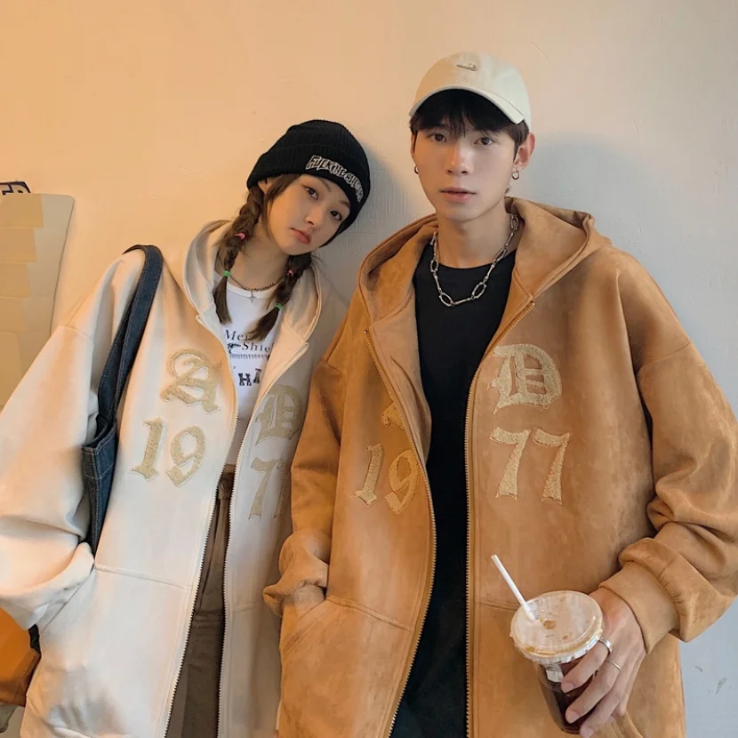 

Кожаная куртка оверсайз для пар, весна-осень, в американском ретро-стиле, с вышивкой, ветрозащитная, с длинными рукавами, на молнии, с капюшоном