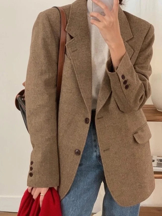 

Женское шерстяное пальто в стиле ретро Ele, длинный костюм-свек с воротником, корейская одежда Aosphere, высококачественная фетровая верхняя одежда