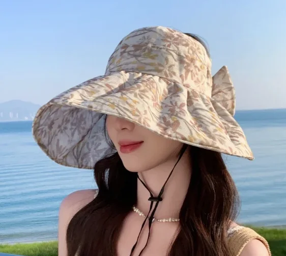 Women's Summer Hat Empty Top Foldable Colorful Flower Sun Hat With Bow Sunshade Breathable Outdoor Wide Brim Beach Sunhat
