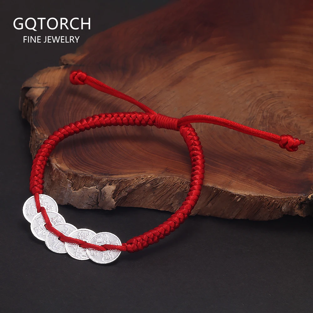 

Handmade Braided Red Rope Lucky Bracelet Women Men 999 Sterling Silver Five Coins Money Wealth Charm Chinese Fengshui Jewelry
