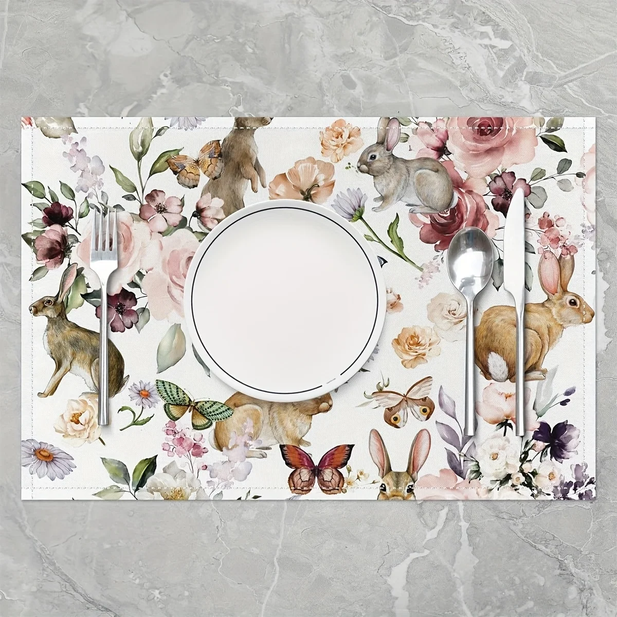 1PC Easter Bunny Placemats, Spring Flowers Place Mats for Kitchen Dining, Watercolor Floral Rabbit Butterfly Placemats