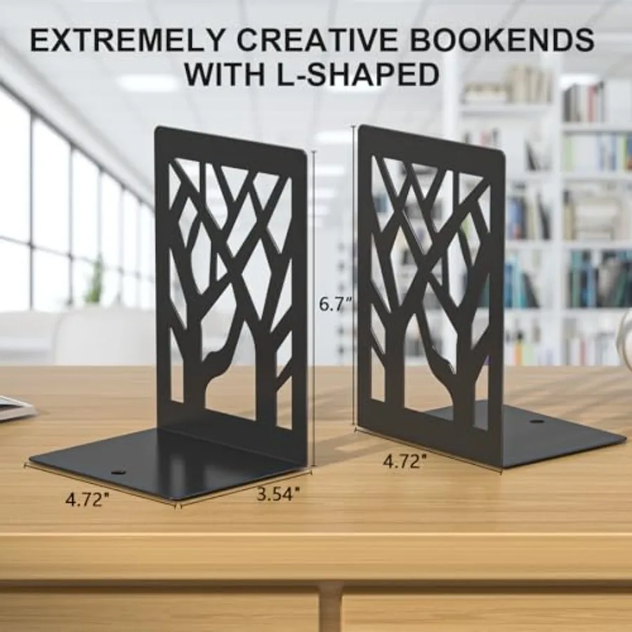 Bookends 4 Pieces, Tree Design Modern Metal Bookends for Shelves, Black Tree Book Ends Decorative Book Organizer for Desk, Deco