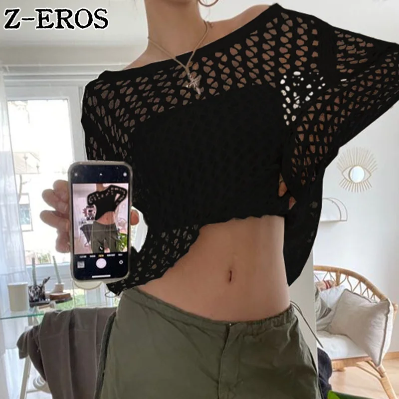 Z-EROS Vintage Hollowed Out Mesh Knit Sweater Round Neck Hole-knit T shirts Casual Loose Long-sleeved Crochet Knit Top Knitwear