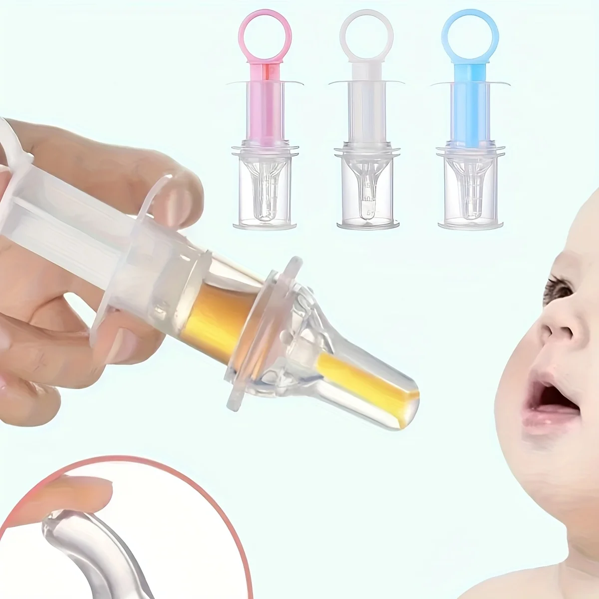 Baby feeding device, feeding medicine, milk and other liquids, with pacifier and cleaning brush, dropper, measuring cup
