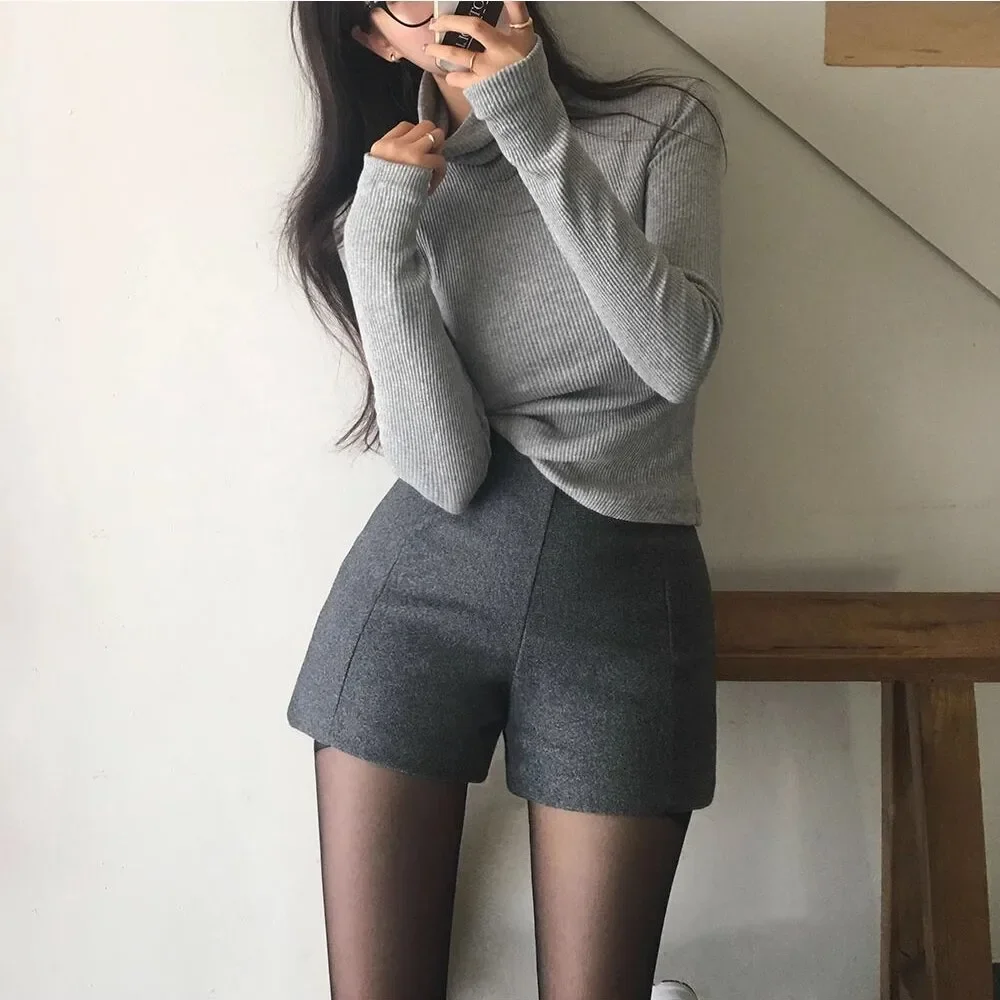 American Style Grey High-End Feel Woolen Thickened Casual Shorts Women's Autumn/Winter High-Waisted Slimming Outer Wear A- Line