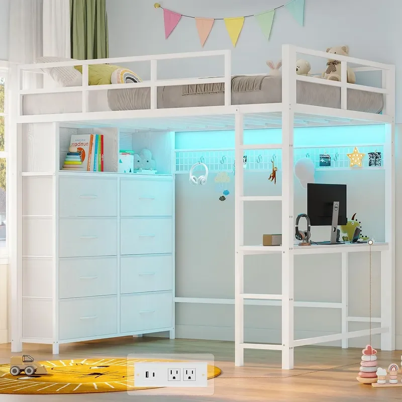 Twin Loft Bed with Desk 8 Storage Drawers LED Lights White