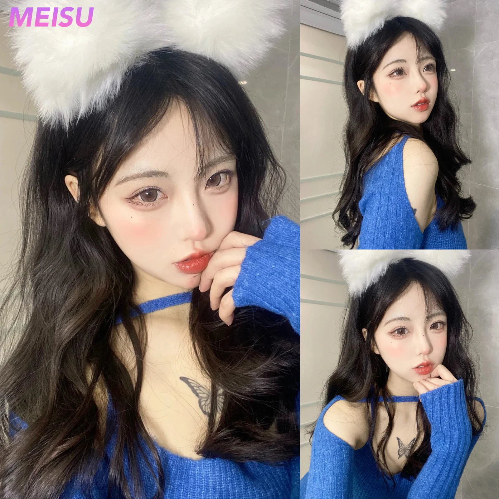 

MEISU 26 Inch Curly Bangs Wig Black Tea Synthetic Fiber Layered Hair Heat-Resistant Natural Smooth Extend Hair Selfie Party