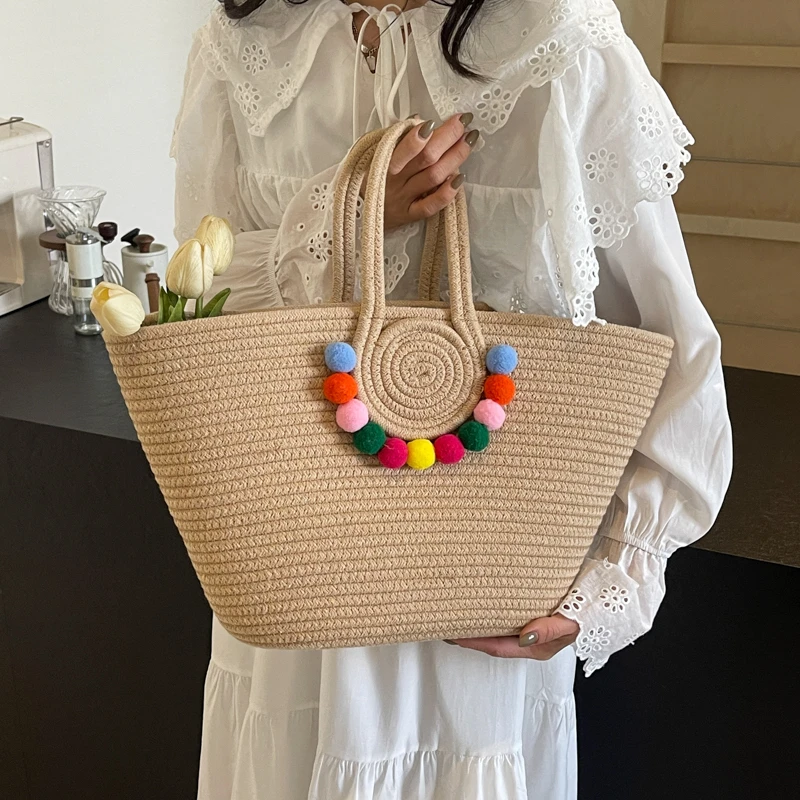 2024 Knitting Kits Fabric Khaki Beach Bag Large Capacity Handmade Straw Summer Holiday Leisure Bag Women Bags Shopping Bags