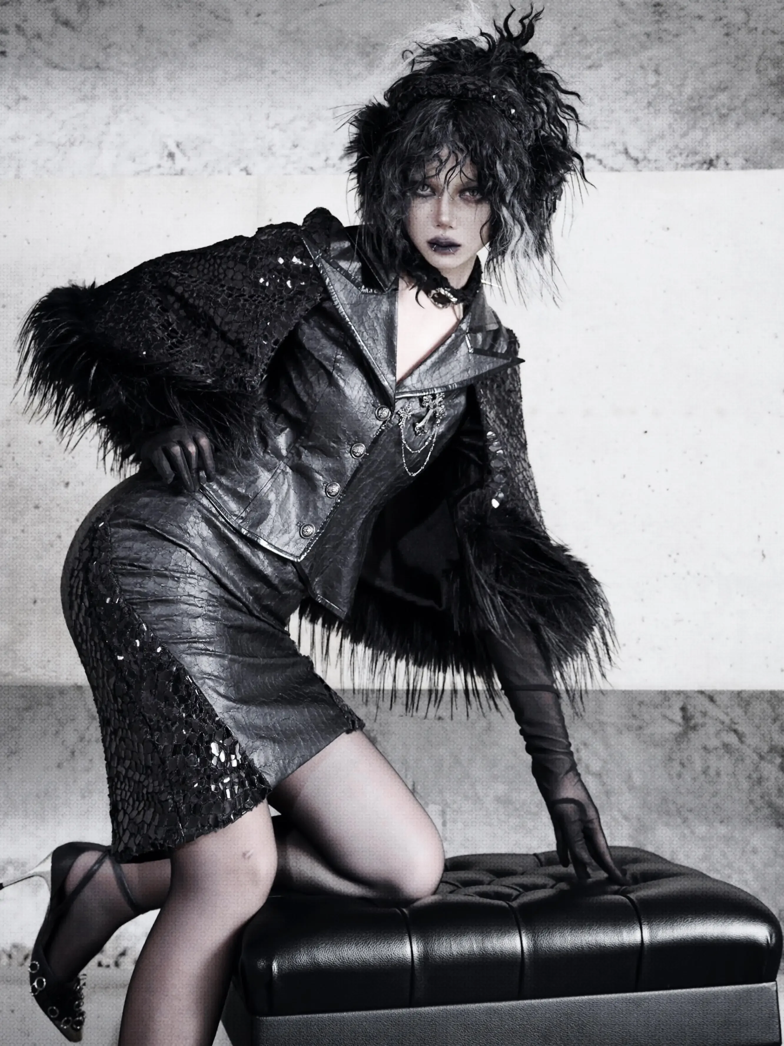Blood Supply Original Design Women Snake Skin Black Gothic Leather Fur Office Queen Cape Blazer Outercoat Ponchos