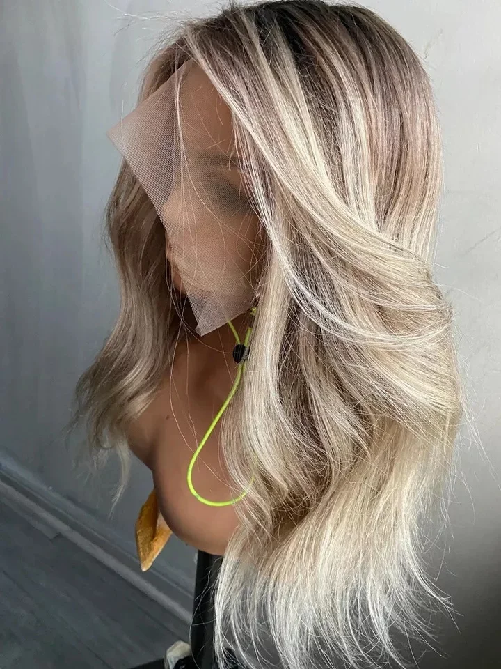 الكتف الجسم موجة أومبير الرماد البني شقراء شعر مستعار اصطناعي فوتورا الألياف الاصطناعية HD الدانتيل شعر مستعار أمامي للنساء المصنع الأصلي الباروكات #4