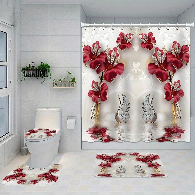 Luxurious Red Orchid Bathroom Shower Curtain Set with 12 Hooks: Includes Toilet Seat Cover, Bath Mats, And Rugs - Non-Slip, Wash