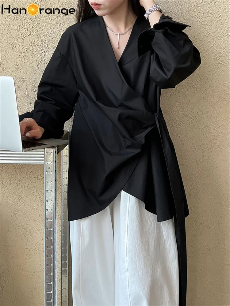 

HanOrange 2025 Irregular Waist Strap Shirt Women Spring Casual 100% Cotton Niche Design One Piece Top White/Black/Gray Apricot