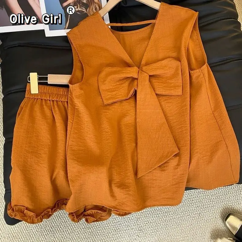 Olivegirl Linen Set Women's Clothing Summer 2026 Elegant High-end Bow Vest Fungus Edge Cotton Linen Shorts Two-piece Set Sweet
