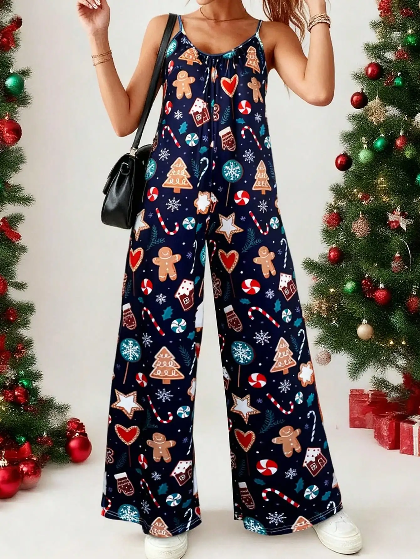 

BWQ Women's Christmas Gingerbread Print Spaghetti Strap Jumpsuit, Festive Christmas Cookie Fashion Gingerbread Print Clothing