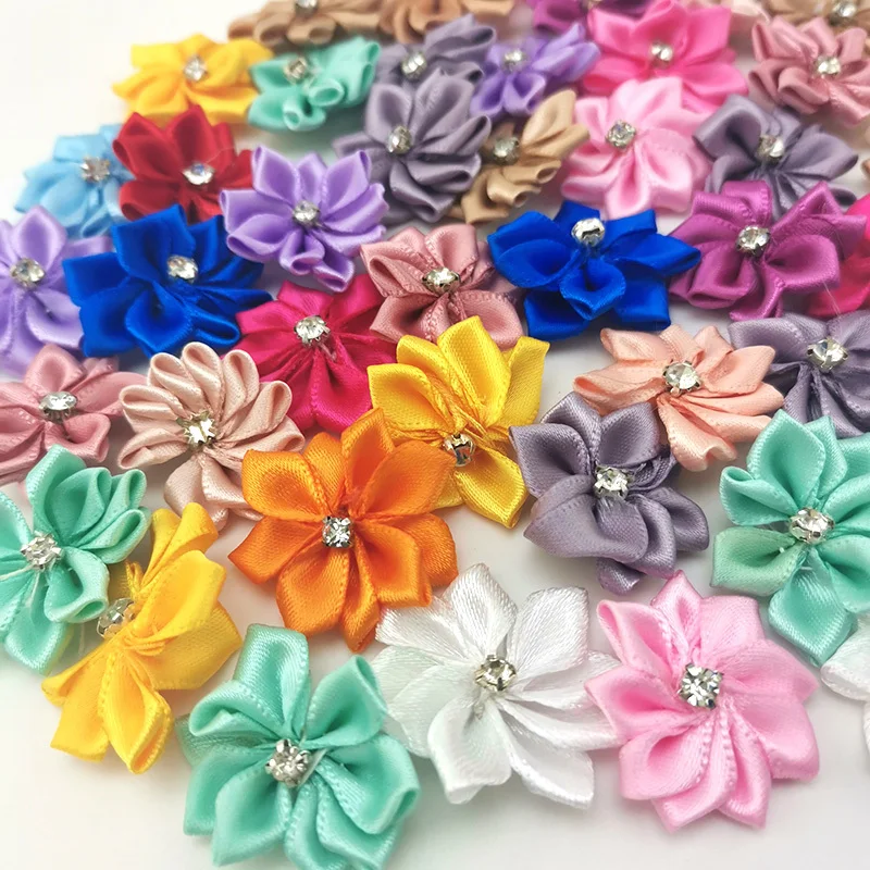 (50 sztuk/paczka) 25mm kolorowe inkrustowane cyrkonie mały kwiat Mini Handmade DIY satynowa wstążka kwiaty dekoracje do scrapbookingu