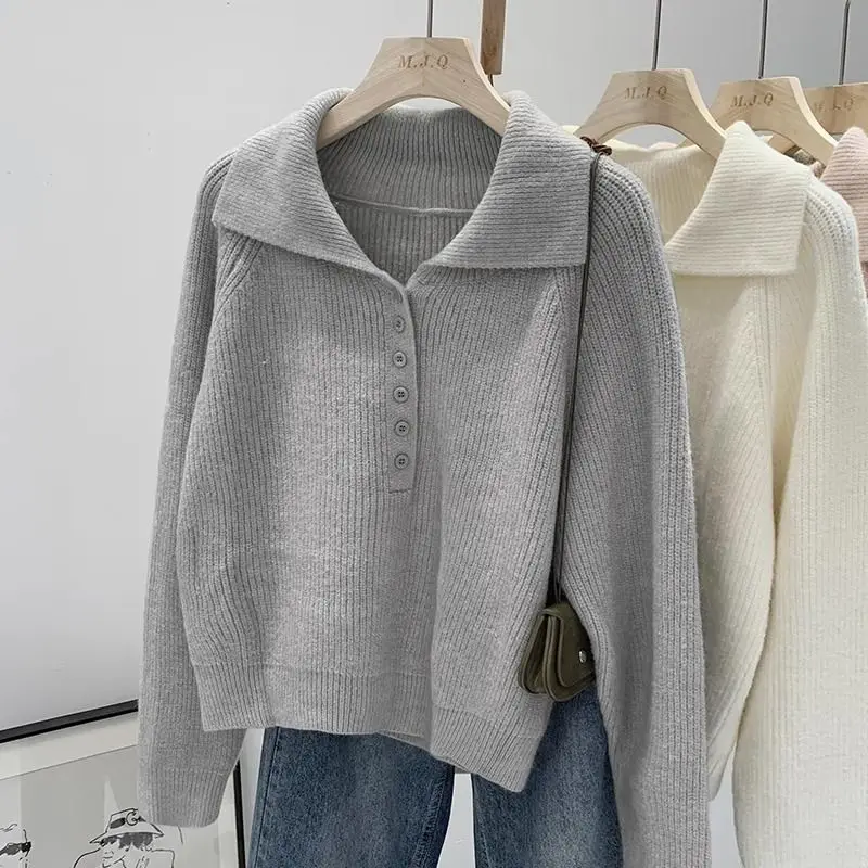 

Korean Style Lapel Sweater for Women's Spring and Autumn New Style Simple Casual Solid Color Soft Glutinous Knitted Pullover