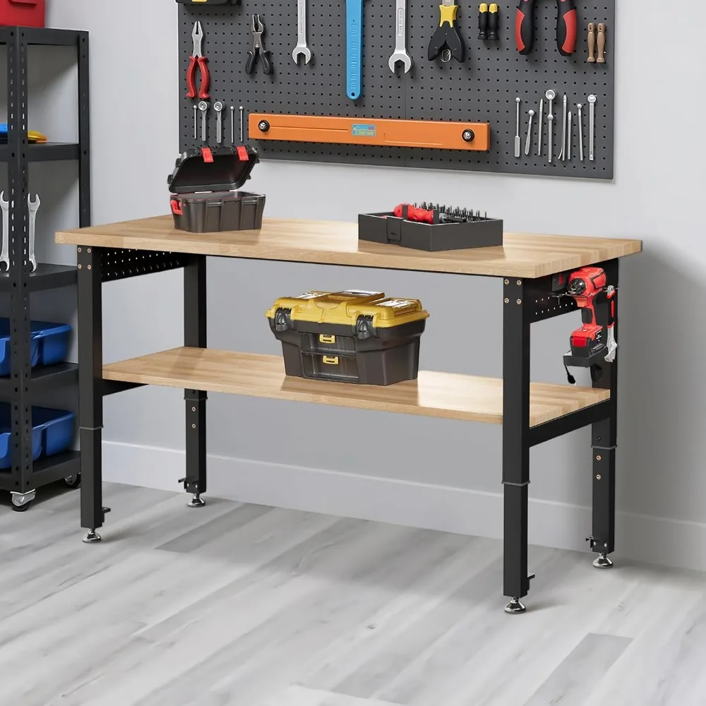 48 Adjustable 2-Tier Workbench with Solid Wood Top, Max 2000lbs Capacity, Built-in Power Strip with 4 AC Outlets & 2 USB