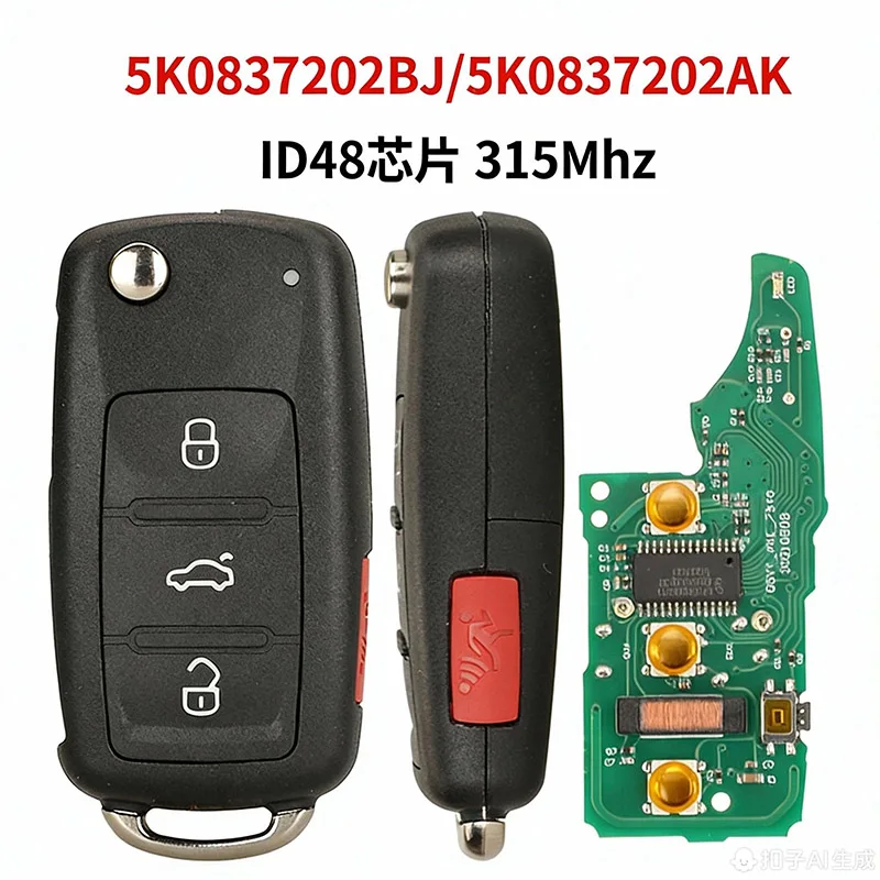 Adecuado para Volkswagen llave de coche de control remoto plegable de 4 teclas chip MQB48 frecuencia 315 5K0837202AK/BJ