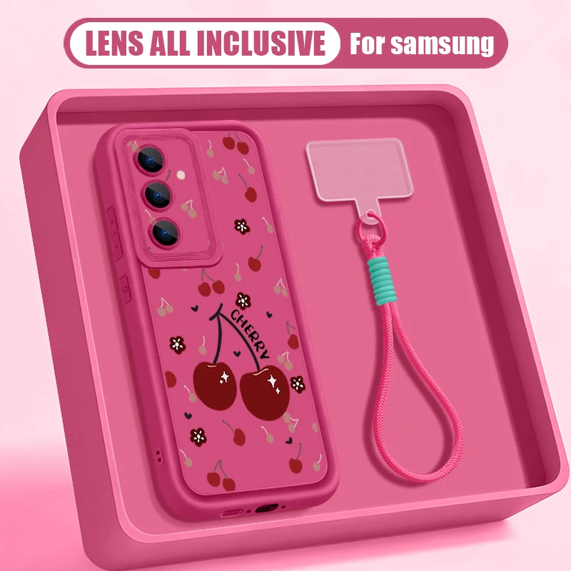 Cherry Pattern Lanyard Phone Case For Samsung Galaxy S26 S24 S23 S22 Ultra Plus S25 FE A57 A37 A27 A56 A16 A17 A55 A15 A54 Cover