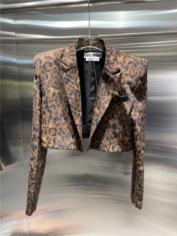 Kobiety Wiosna Leopard Printed Blazers Jacket Slimming Long Sleeved Suit Jacket Coat OL Turn Down Collar Cardigan High Waist Tops