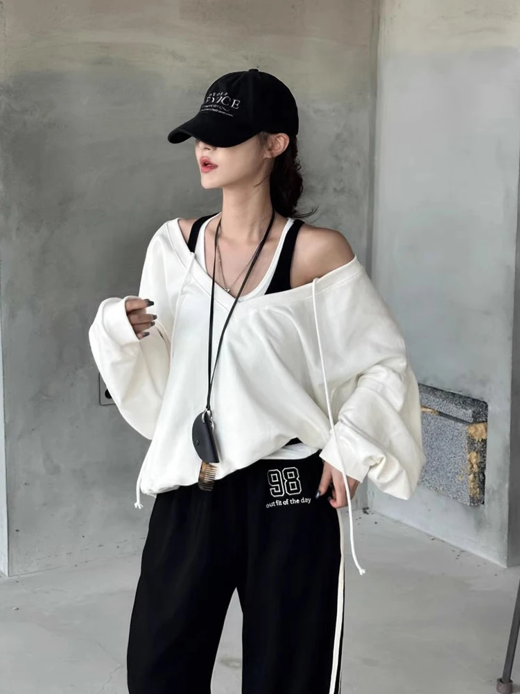 

Шикарная свободная женская толстовка с капюшоном V-Ne Long Sve, двусторонняя одежда с поясом, корейская осенняя новинка для молодых женщин