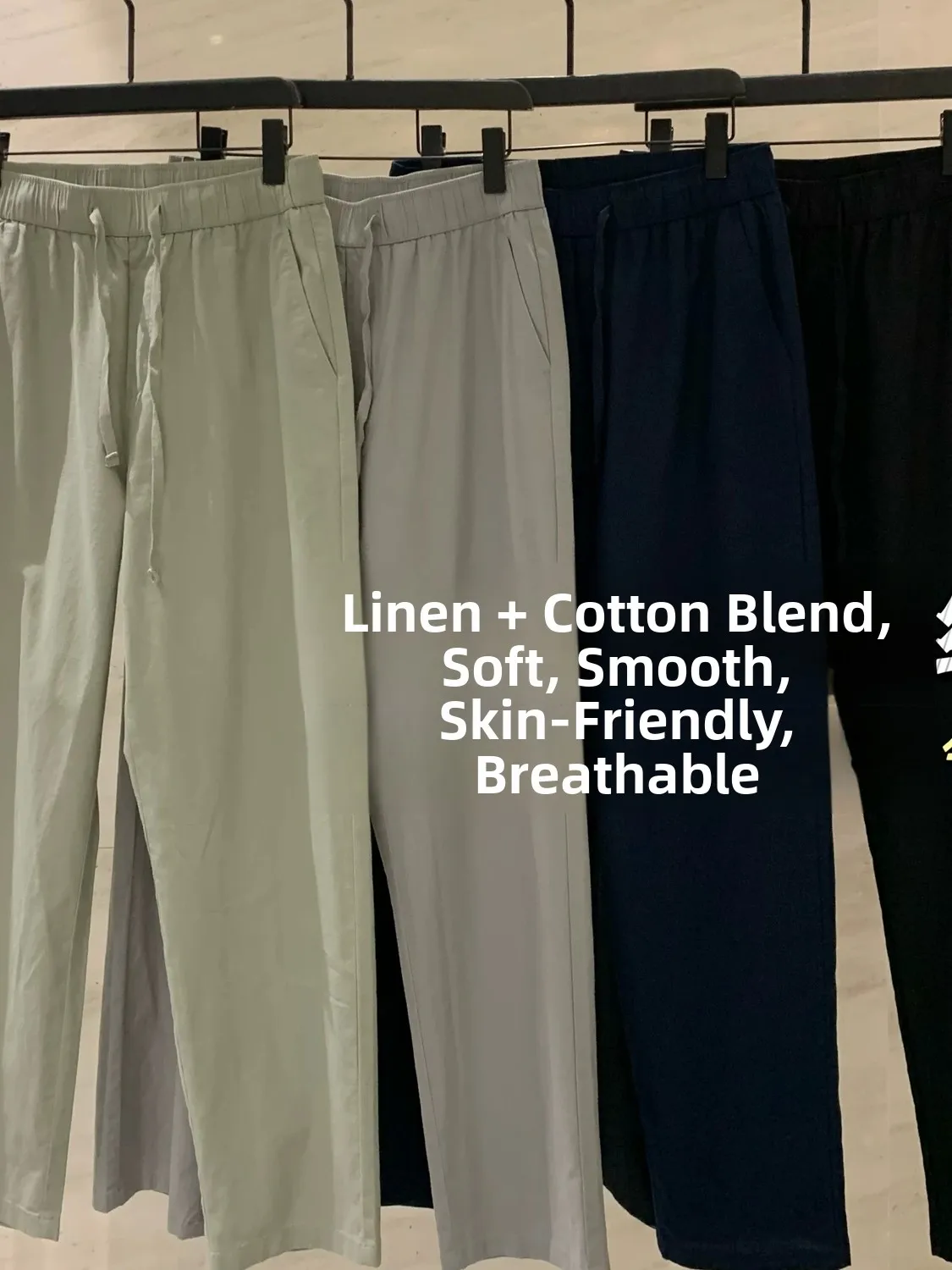 

High-End Linen Cotton Blend Men's Elastic Waist Lightweight Breathable Soft Skin-Friendly Straight Casual Pants