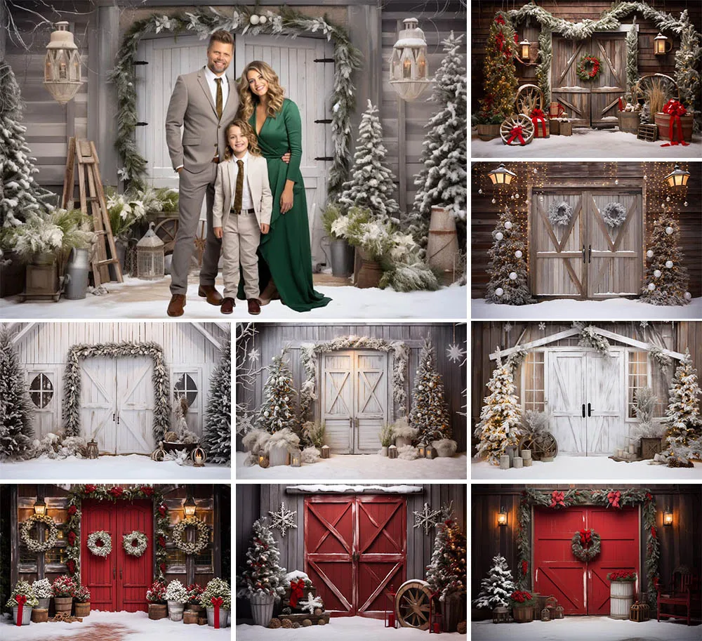 

Mehofond Christmas White Barn Backdrop Family Holiday Party Winter Xmas Tree Wreath Snowland Decor Background Photocall Studio