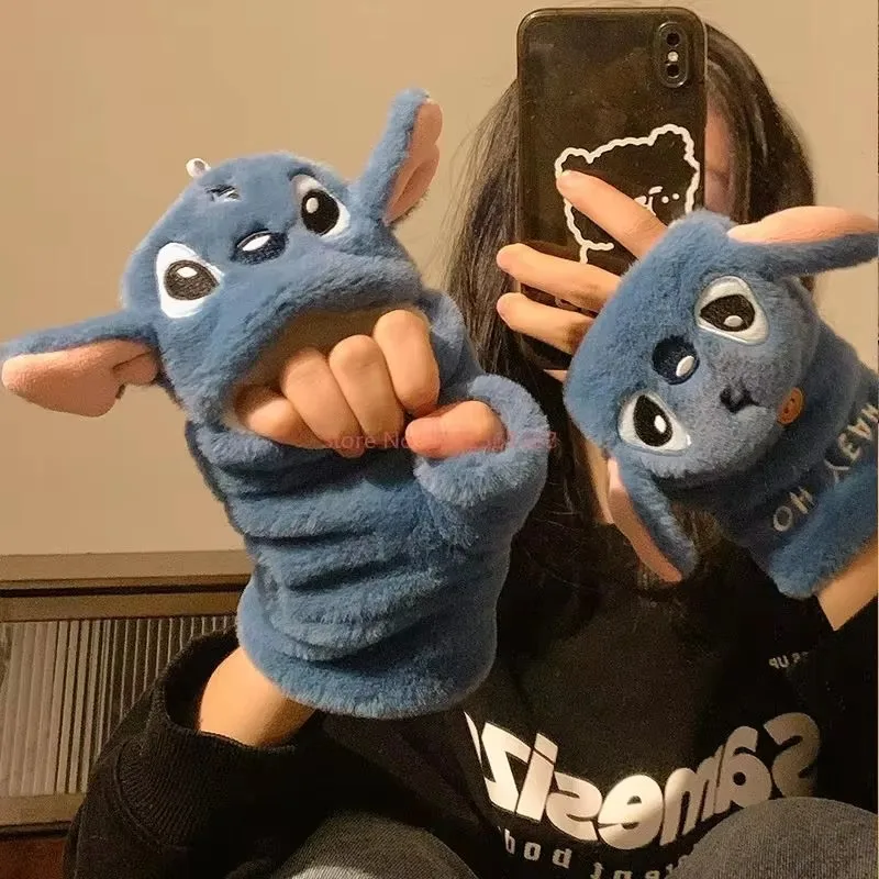 Disney stitch Lovely Plush Paw Gloves Mittens Warm Soft Plush Short Fingerless Fluffy Bear Gloves Costume Half Finger Gloves