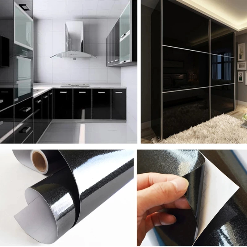 Shiny Black DIY Self Adhesive Kitchen Cabinets Wallpaper Waterproof Wall Stickers Vinyl Contact Paper Renovation Home Decor Film