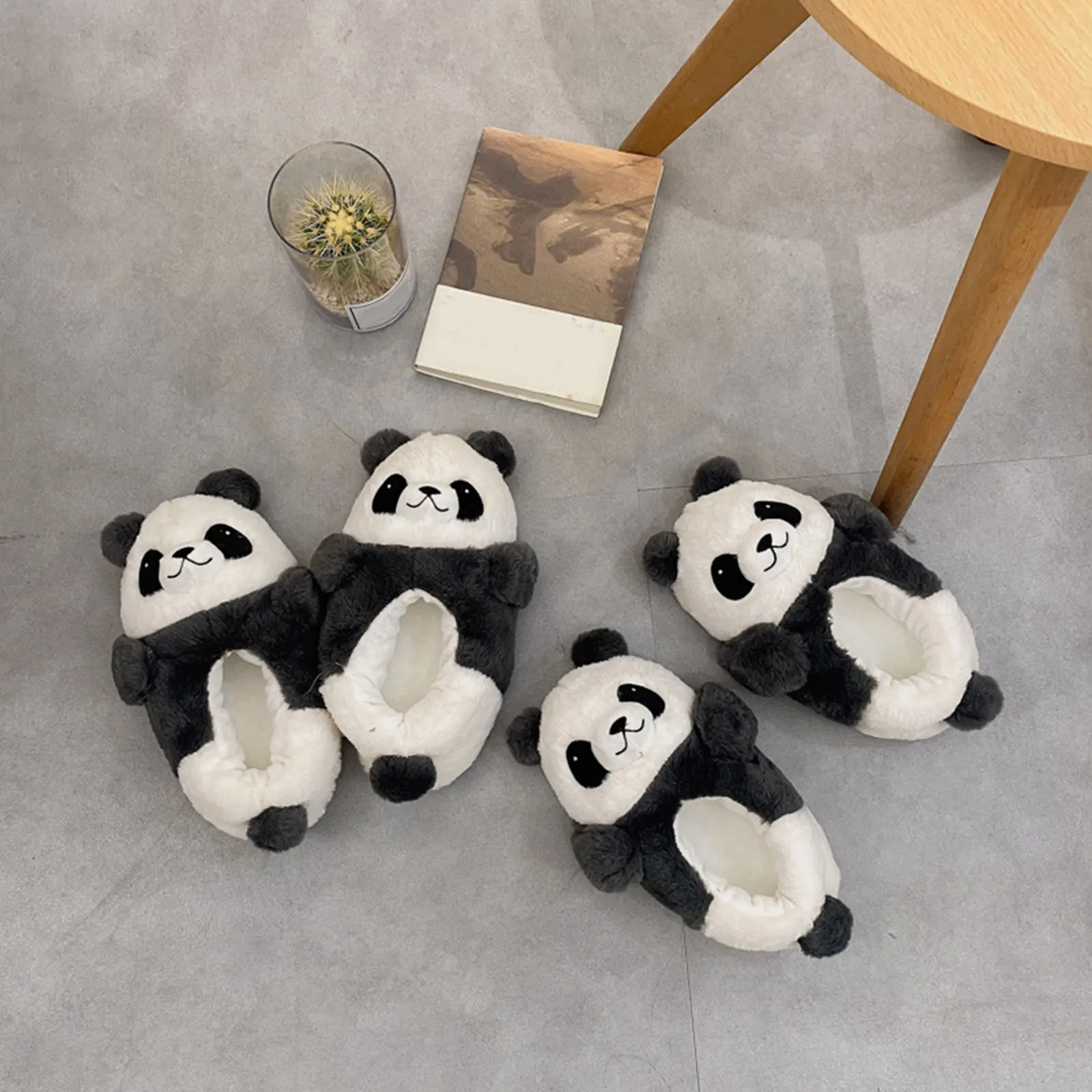 2023 Cute Panda Fluffy Slippers Women Furry Fur Slippers Heel Cover House Shoes Flats Winter Kawaii Animal Indoor Home Slides