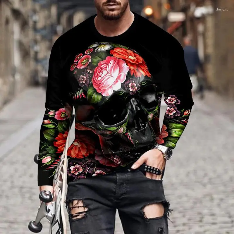 T-Shirts for Men Vintage Skull Print Fashion Streetwear O-Neck Graphic T Shirts Tops Harajuku Sports Long Sleeve Men Clothing