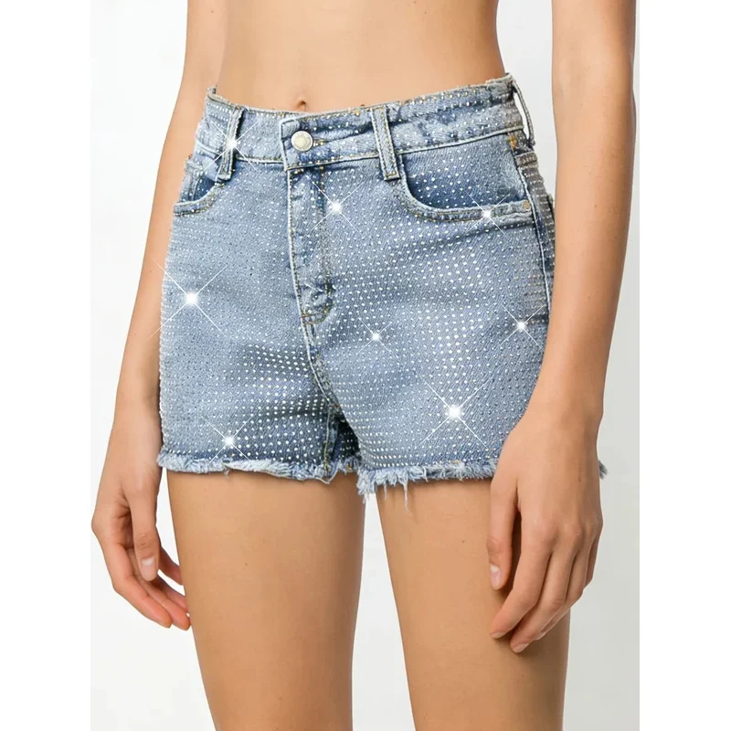 

Women's Distressed Denim Blue Stretch Shorts Elegant Fashion Crystal Embellished Jean Shorts