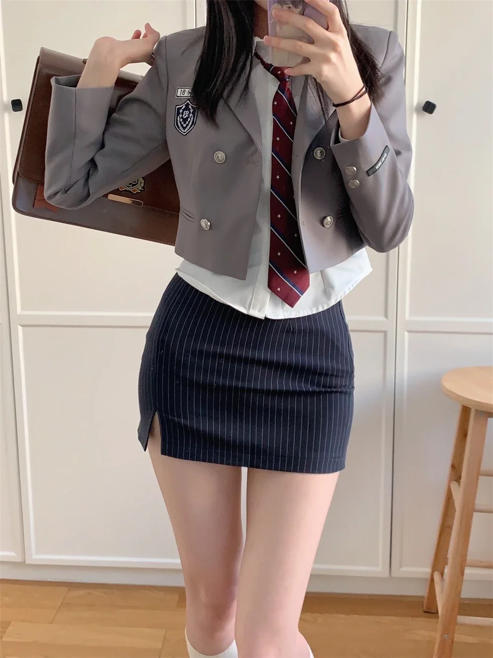 American Sugar Spicy Girls JK Uniform Suit Sexy Slim Women Preppy College Style Summer Suit Grey Coat + Shirt +Tie + Hip Skirt