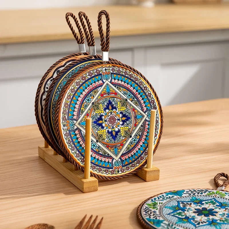 HeMu Bohemian Style Ceramic Pot Holders,Mandala Pattern Heat Resistant Trivets,Hanging Kitchen Coasters with Rope for Hot Dishes