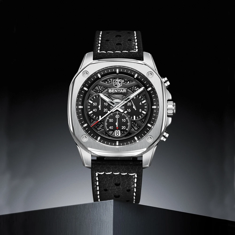 BENYAR Hollow Men's Watches 2025 Top Brand Luxury Quartz Chronograph Watch For Men Sports Luminous Waterproof Leather Clock Gift