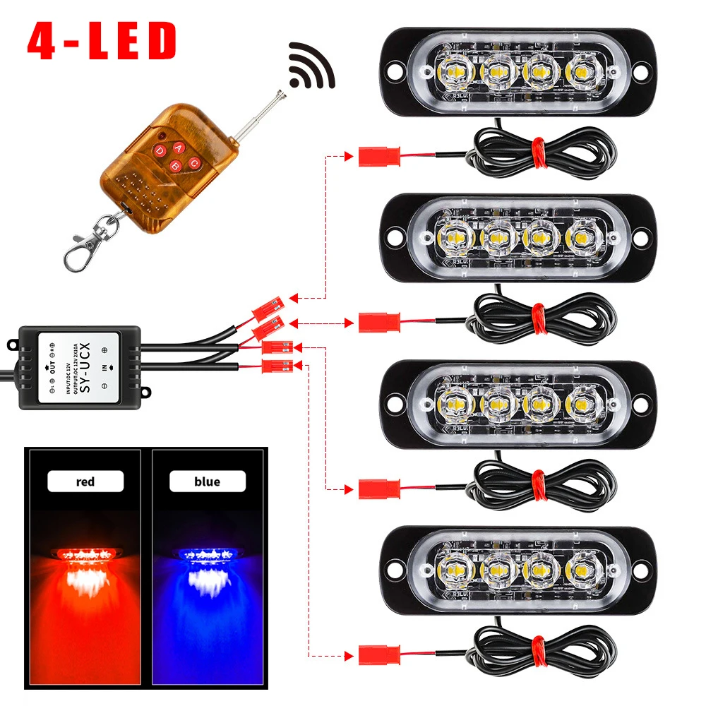 4 LED Strobe Light Bars with 16 Flash Patterns and Wireless Remote Control for Vehicles Including Cars Trucks SUVs Boats