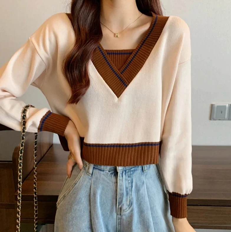 Suéteres femininos com decote em V, pulôveres cortados de retalhos, moda coreana solta