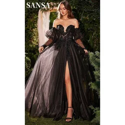 Sansa Black Sweetheart Long Sleeve Prom Dress 2024 Lace Embroid Vestidos De Noche Shiny Puffy Sleeve Graduation Ball Dress